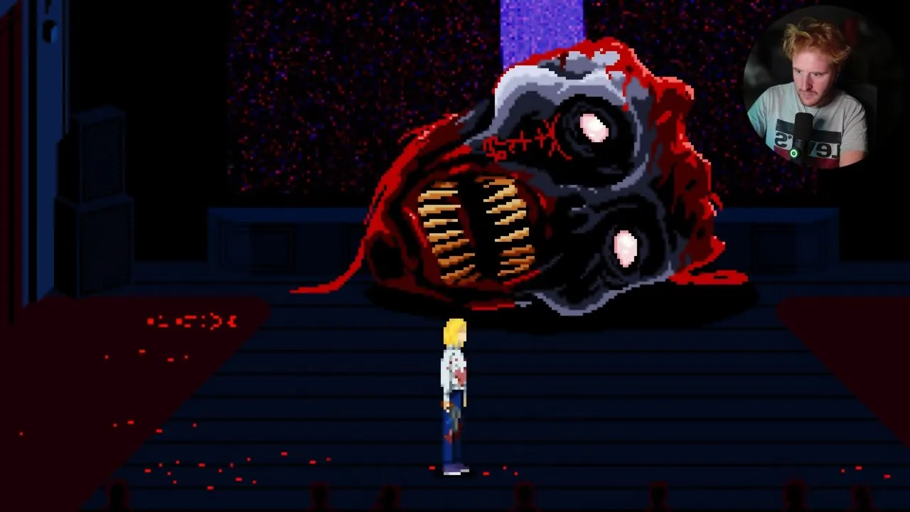 Tenebris Somnia final boss: Julia holding the golden blade in front of Hermes's lowered face