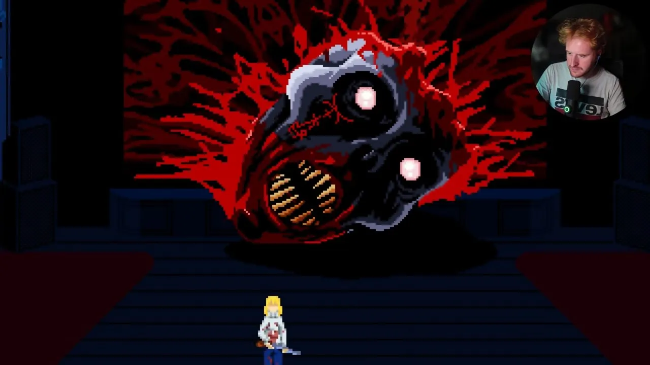 Tenebris Somnia final boss: Julia standing away from Hermes's giant open mouth