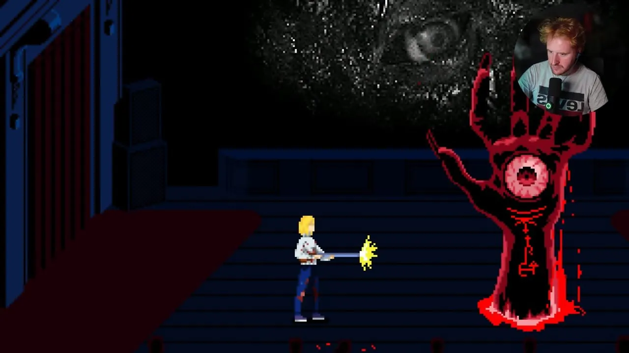 Tenebris Somnia final boss: Julia firing at a giant hand with an eye in its palm