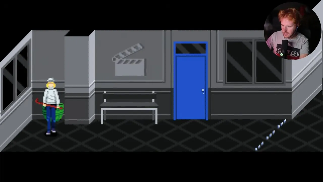 Tenebris Somnia film school green vase beside a blue hallway door and bench