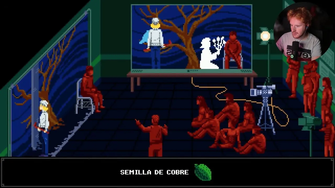 Tenebris Somnia film school copper seed pickup beside the tree on the classroom set