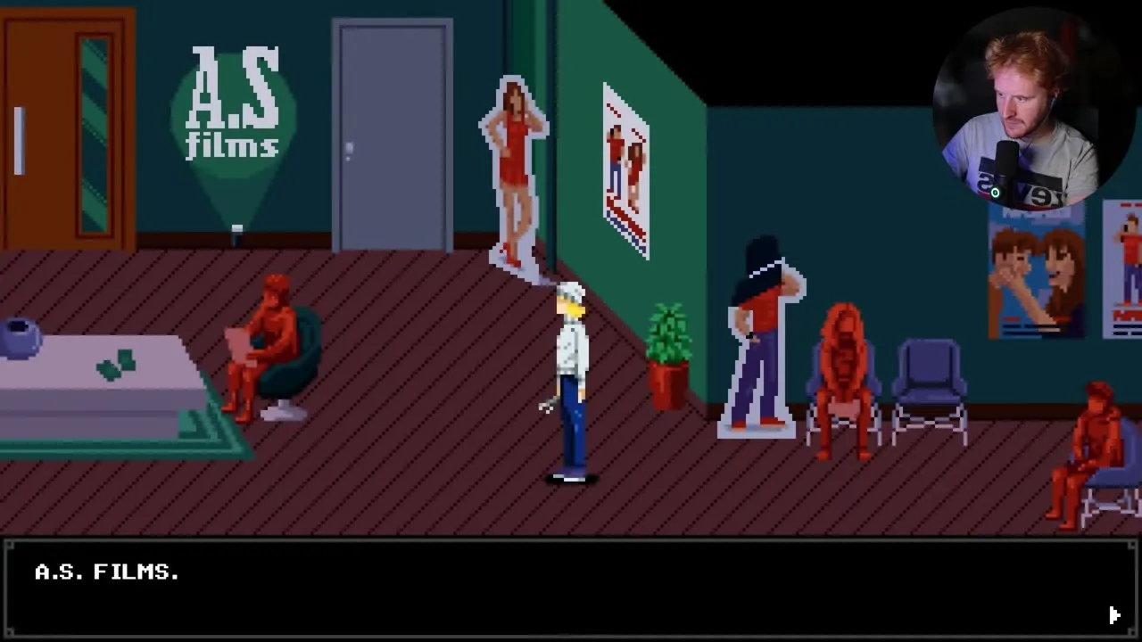 Tenebris Somnia second floor AS Films reception with its wall logo and promotional figures