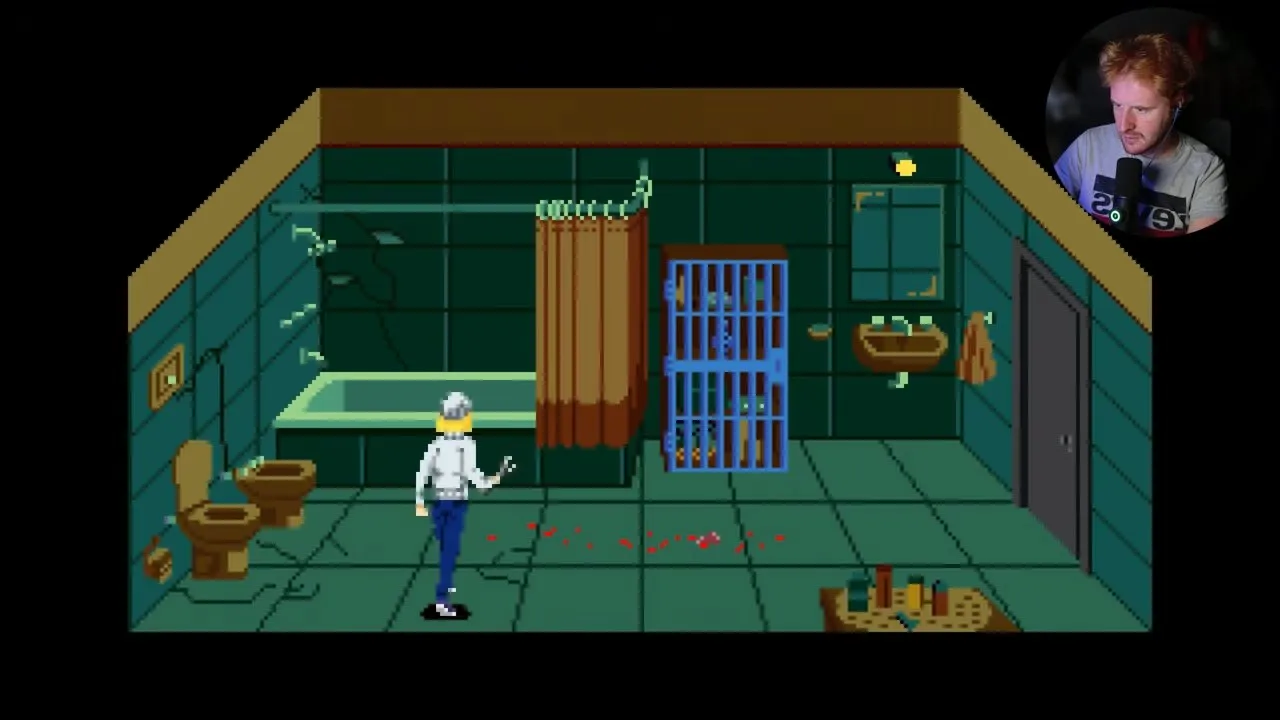 Tenebris Somnia TV puzzle bathroom with Julia beside the bathtub and shower curtain