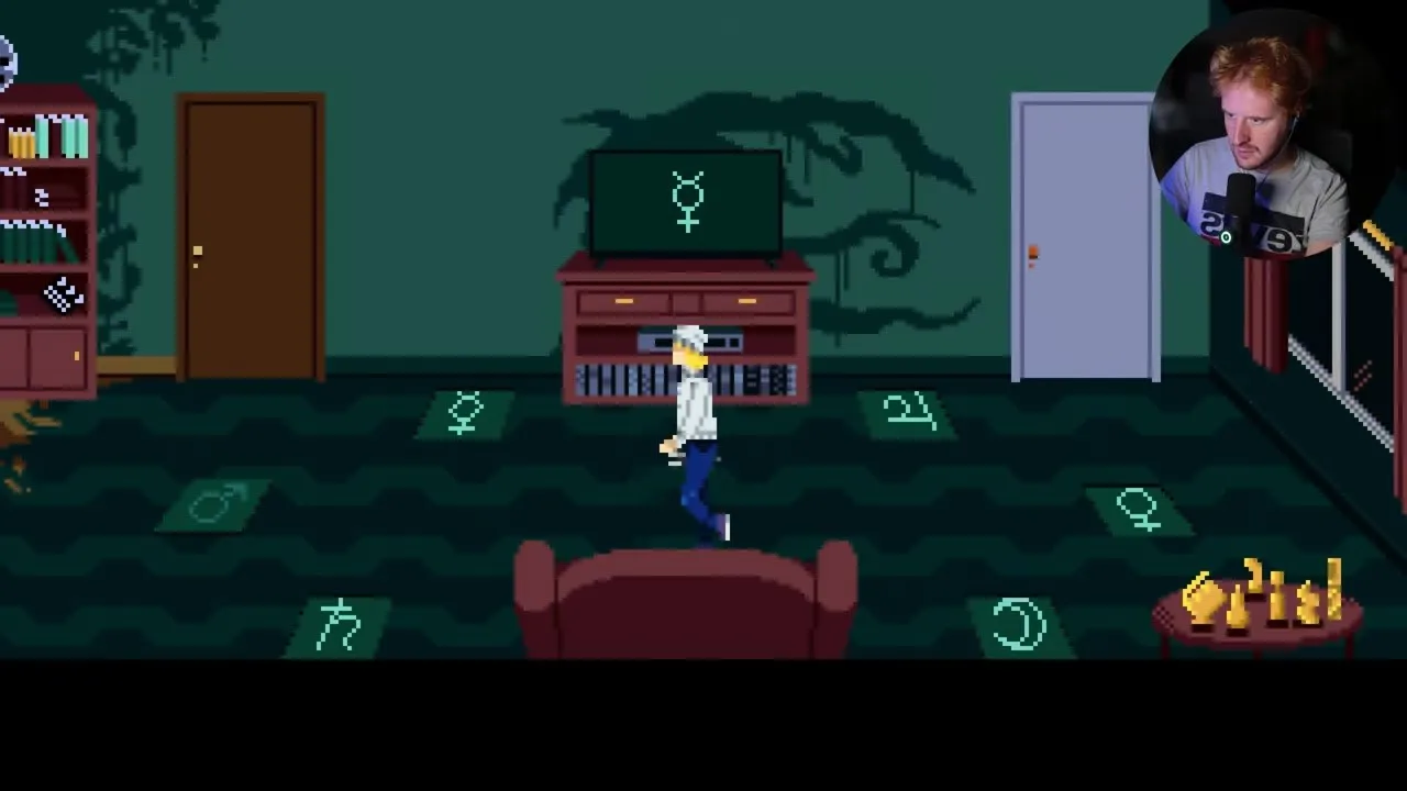 Tenebris Somnia TV puzzle Mercury symbol on the television and a floor plate left of the cabinet
